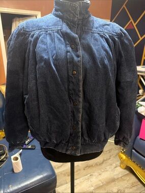 Vintage Dawn Women’s Dark Blue Denim Jacket - Classic High-Collar Style-